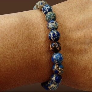 Women’s Polished Blue Sea Sediment Beaded Stretch Bracelet 6mm Natural Stone, 7"